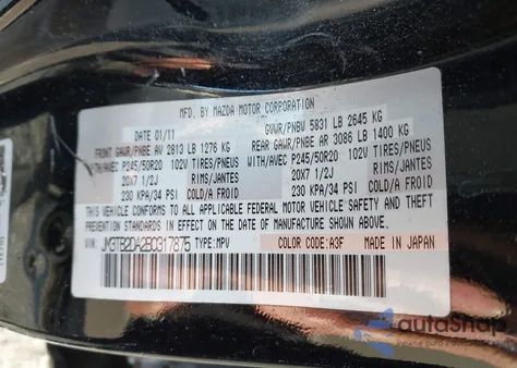 2011 Mazda Cx-9 Grand Touring z USA, uszkodzony, nr VIN JM3TB2DA2B0317875